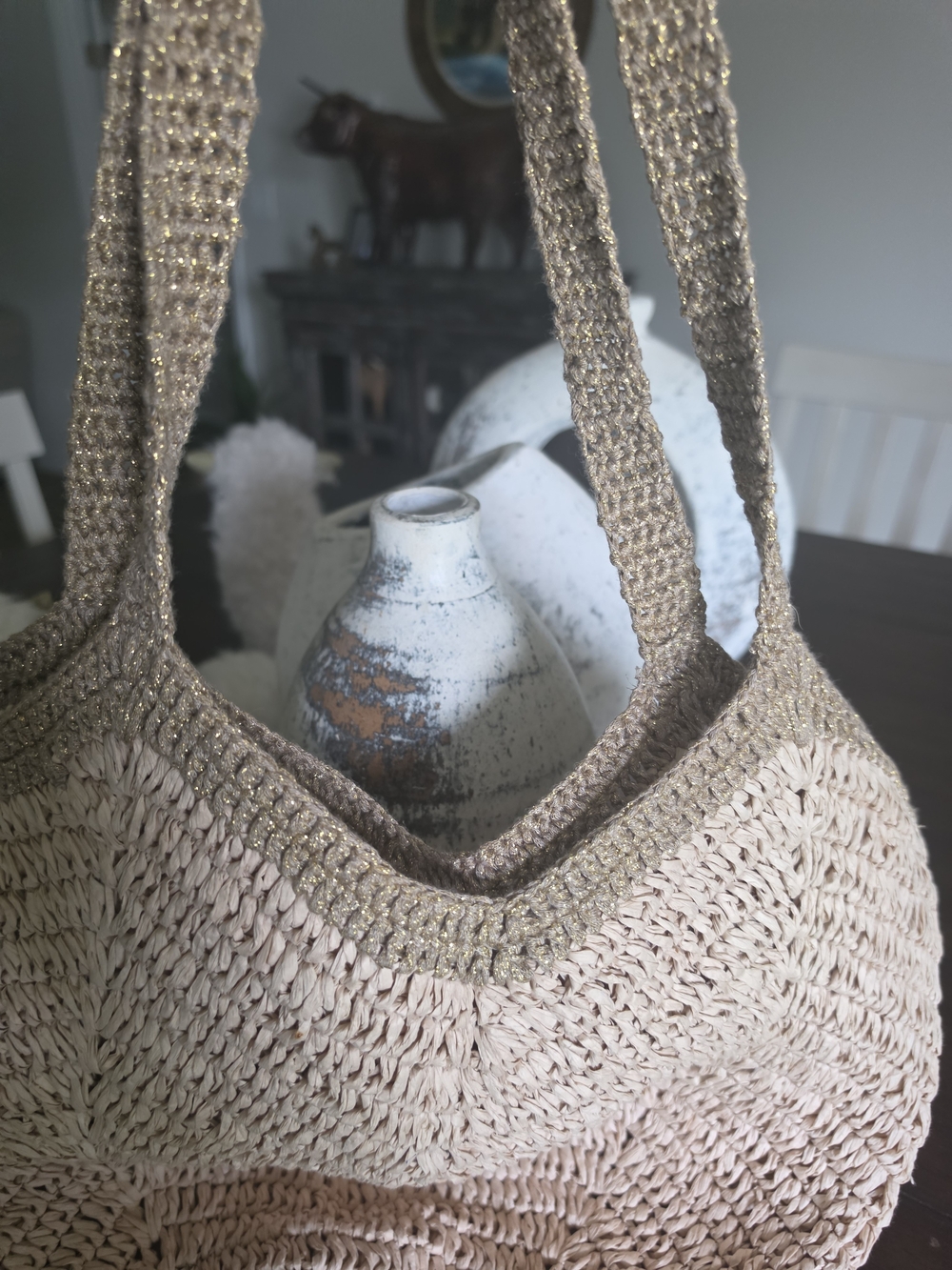 aerie Beige Crochet Shoulder Bag with Gold-Trim Handles